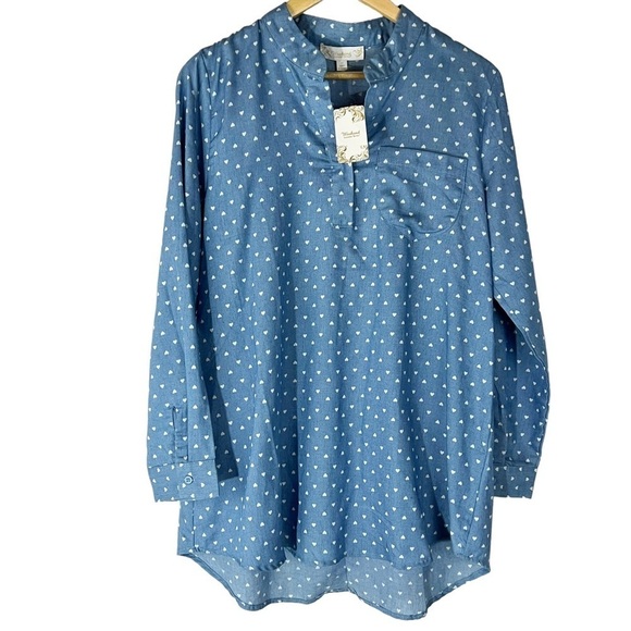 NWT Weekend by Suzanne Betro Denim Blue & White Polka Dot Long Sleeve Tunic - Picture 1 of 5